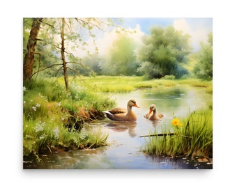 アヒルの絵 池 水彩画 アートプリント 森 湖 壁アート 風景画 緑の森