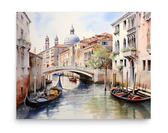 FeelingPrintsによるヴェネツィアの水彩画、夕焼けゴンドラ、イタリア