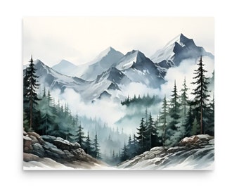 Appalachian Mountains Art Print: Misty Pine Tree Watercolor Landscape