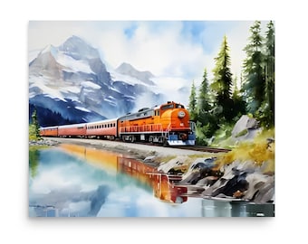Alaska Train Watercolor Painting: Mountain Landscape Art Print