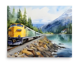 Alaska Train Watercolor Art Print: Mountain Lake Landscape Poster
