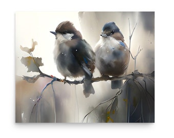Sparrow Watercolor Art Print: Two Birds on Branch, Nursery Wall Decor