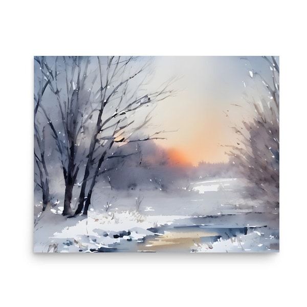 Lever de soleil d'hiver dans une forêt brumeuse, peinture à l'aquarelle, rivière de la forêt et lever de soleil Impression d'art paysage panoramique Lever de soleil d'hiver dans la forêt Impression d'art