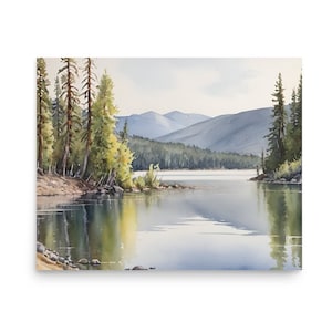 May include: A watercolor painting of a lake scene with a mountain range in the background. The lake is calm and reflective, with trees lining the shore. The mountains are a soft blue color, and the sky is a light blue.
