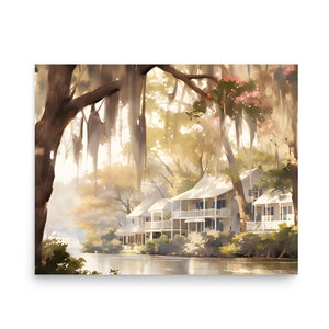 Louisiana landschap aquarel schilderij rivier en huis in Louisiana Art Print panoramisch stadsgezicht Wall Art grote Louisiana poster afbeelding 1