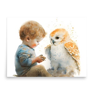 Child and White Owl Watercolor Painting Little Boy with Owl Art Print Child with Bird Wall Art Pet Portrait Print Nursery Wall Art Bird Art