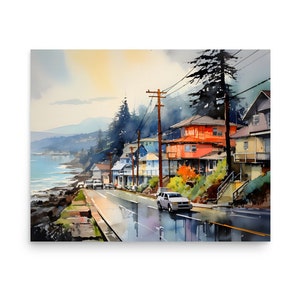 Impresión artística de Yachats Oregon Coast: Pintura de paisaje urbano en acuarela imagen 1
