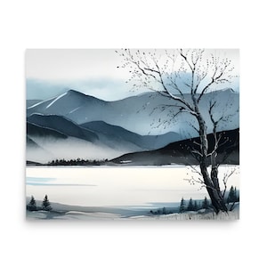 May include: A watercolor painting of a winter landscape with a lake, mountains, and a bare tree in the foreground. The sky is a light blue, and the mountains are a dark blue. The lake is a light blue, and the tree is a dark brown.