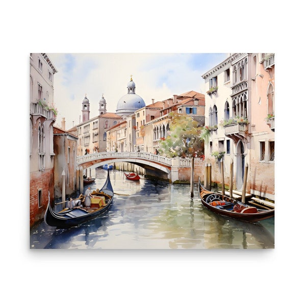 Venice Painting Grant Canal Watercolor Art Print Italy Cityscape Wall Art Venice Panoramic Cityscape with Grant Canal and Gondolas Art Print