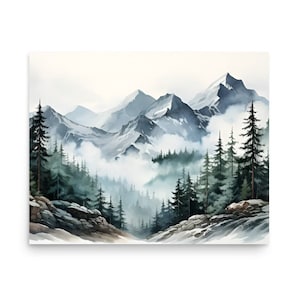 Appalachian Mountains Painting Misty Pine Trees Art Print Mountain Forest Watercolor Wall Art Mountain Foggy Landscape Neutral Wall Decor