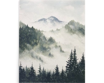 Misty Mountain Pine Forest Watercolor Art Print: Oregon Landscape