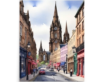 Edinburgh Cityscape Watercolor Art Print: Scottish Travel Poster