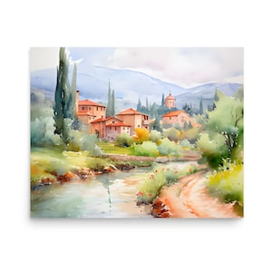 Tuscany Village Watercolor Painting: Italian Landscape Art Print