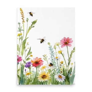 Wildflowers and Bee Painting Wildflowers Meadow Watercolor Art Print Bee Wall Art Meadow Artwork Summer Landscape Print Insect Painting