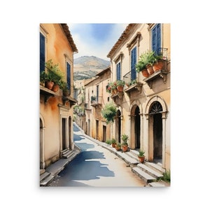 シチリアの絵画 イタリアの都市景観 水彩画 アートプリント シチリアの街並み 風景画 壁アート イタリア旅行ポスター シチリアの都市景観 水彩画