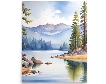 Alice Lake Painting Sawtooth Range Watercolor Art Print Idaho Landscape Wall Art Pine Trees Art Forest Lake Panoramic Landscape Artwork