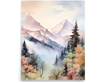 May include: A watercolor painting of a mountain landscape with a misty valley and a forest of trees in the foreground. The mountains are painted in shades of purple, pink, and blue, while the trees are painted in shades of green, brown, and orange.