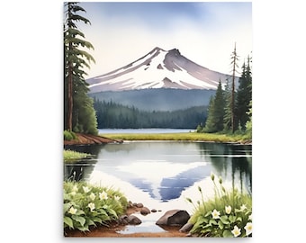 May include: A watercolor painting of a mountain reflected in a still lake. The mountain is snow-capped and has a dark green forest at its base. The lake is surrounded by trees and there are white flowers in the foreground.