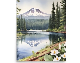 Trillium Lake Watercolor Art Print: Oregon Mountain Landscape