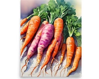 Carrots Watercolor Art Print: Botanical Kitchen Still Life