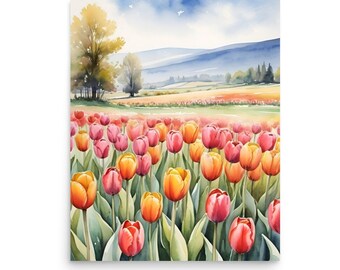 チューリップの草原の絵画、花の風景写真、春の装飾、イースターの