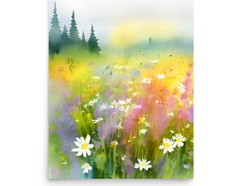 Wildflowers Painting Vermont Watercolor Art Print Daisy Field Wall Art Mountain Flowers Meadow Art Nature Neutral Flowers Meadow Landscape