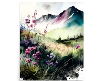 Rocky Mountains Watercolor Art Print: Colorado Spring Wildflowers Landscape