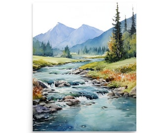 Idaho Painting Mountain River Watercolor Art Pine Tree Wall Art Idaho Landscape Art Print Evergreen Trees Art Salmon Mountain River Paster