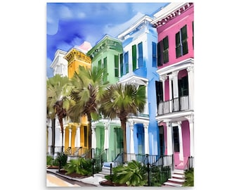 Puede incluir: Una pintura de acuarela de una fila de casas coloridas con palmeras en frente. Las casas están pintadas en tonos de amarillo, verde, azul y rosa.