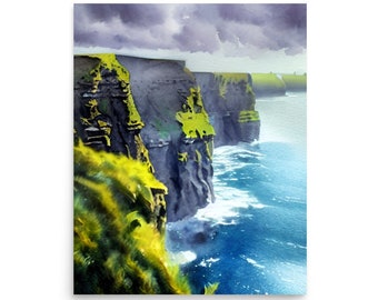 Cliffs of Moher Painting Irish Coastal Landscape Watercolor Art Print Emerald Isle Wall Art Ireland Wall Decor Seascape Artwork Coastal Art