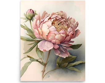 Peony Art Print: Large Botanical Watercolor Painting