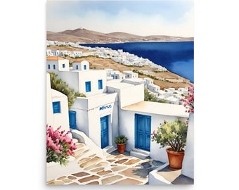 May include: A watercolor painting of a white building with blue doors and windows, set against a backdrop of a blue sea and a white-washed village on a hillside. The building has a sign that reads "Minos".