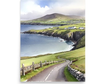 Dingle Peninsula Painting Ireland Landscape Watercolor Art Print Irish Coastal Wall Art Green Hills Art Coastal Artwork Irish Farmland Print