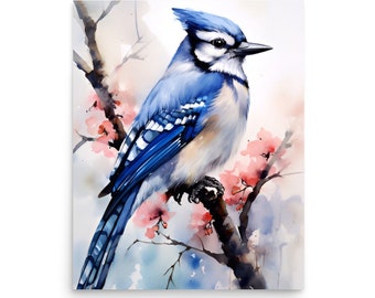 Blue Jay Painting Blossom Tree Branch with Bird Watercolor Art Print Spring Landscape and Bird Art Blue Jay Wall Art Spring Nursery Wall Art