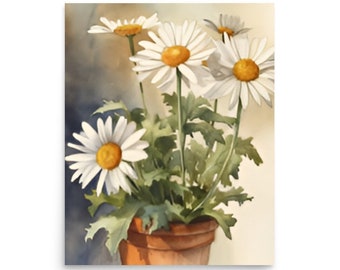 Daisies Painting Daisy Still Life Watercolor Art Print Daisies in a Pot Wall Art White Flowers Artwork Botanical Art Flowers Still Life Art