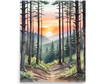 Sunrise Forest schilderij Great Basin aquarel Art Print Nevada Sunrise Forest landschap muur kunst wandelpad door groenblijvende bomen print