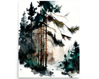 Pine Forest Watercolor Art Print: Misty Pacific Northwest Landscape