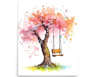 Sakura Watercolor Art Print: Cherry Blossom Tree with Swing