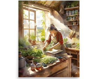 Aquarelle dessin d'une femme faisant la cuisine dans la cuisine Impression d'art femme faisant la cuisine Art mural portrait de femme Impression aquarelle de cuisine de campagne