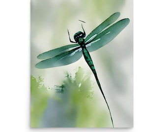 Dragonfly Watercolor Art Print: Green & Blue Botanical Insects Poster