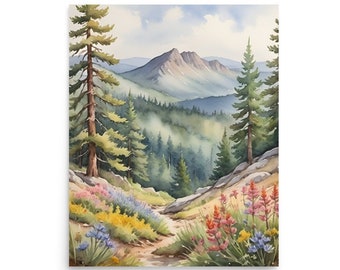 Fiori primaverili pittura Montagne Rocciose Stampa artistica ad acquerello Sentiero escursionistico Arte Colorado Paesaggio Wall Art Fiori di campo Prato Art Pine Print