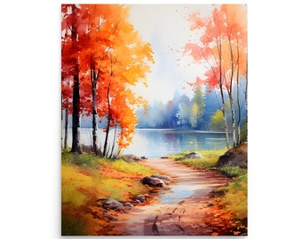 Vermont Autumn Lake Watercolor Art Print: Fall Forest Landscape