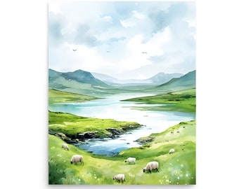 Scotland Painting Green Field with Grazing Sheep Watercolor Landscape Art Print Scotland Country Landscape Art Green Meadow with Sheep Print