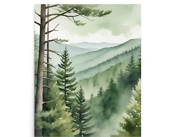Appalachian Mountains Watercolor Art Print: Misty Pine Tree Forest