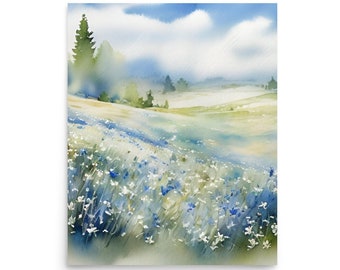 Wildflower Meadow Watercolor Art Print: Misty Landscape Wall Decor