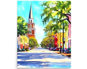 Church Street Painting Charleston Carolina del Sur Acuarela Arte muy colorido Canque Terre Art Print Charleston Cityscape Wall Art Print