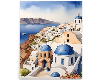 Santorini Greece Watercolor Art Print: Coastal Landscape Poster