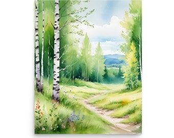 Birch Forest Watercolor Art Print: Colorado Hiking Trail Landscape