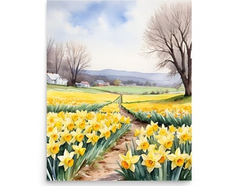 Daffodils Field Watercolor Art Print: Spring Meadow Landscape