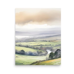Ireland Painting Irish Foggy Landscape Watercolor Art Print Ireland Panoramic Country Landscape Wall Art Smoky Irish Green Hills Nature Art
